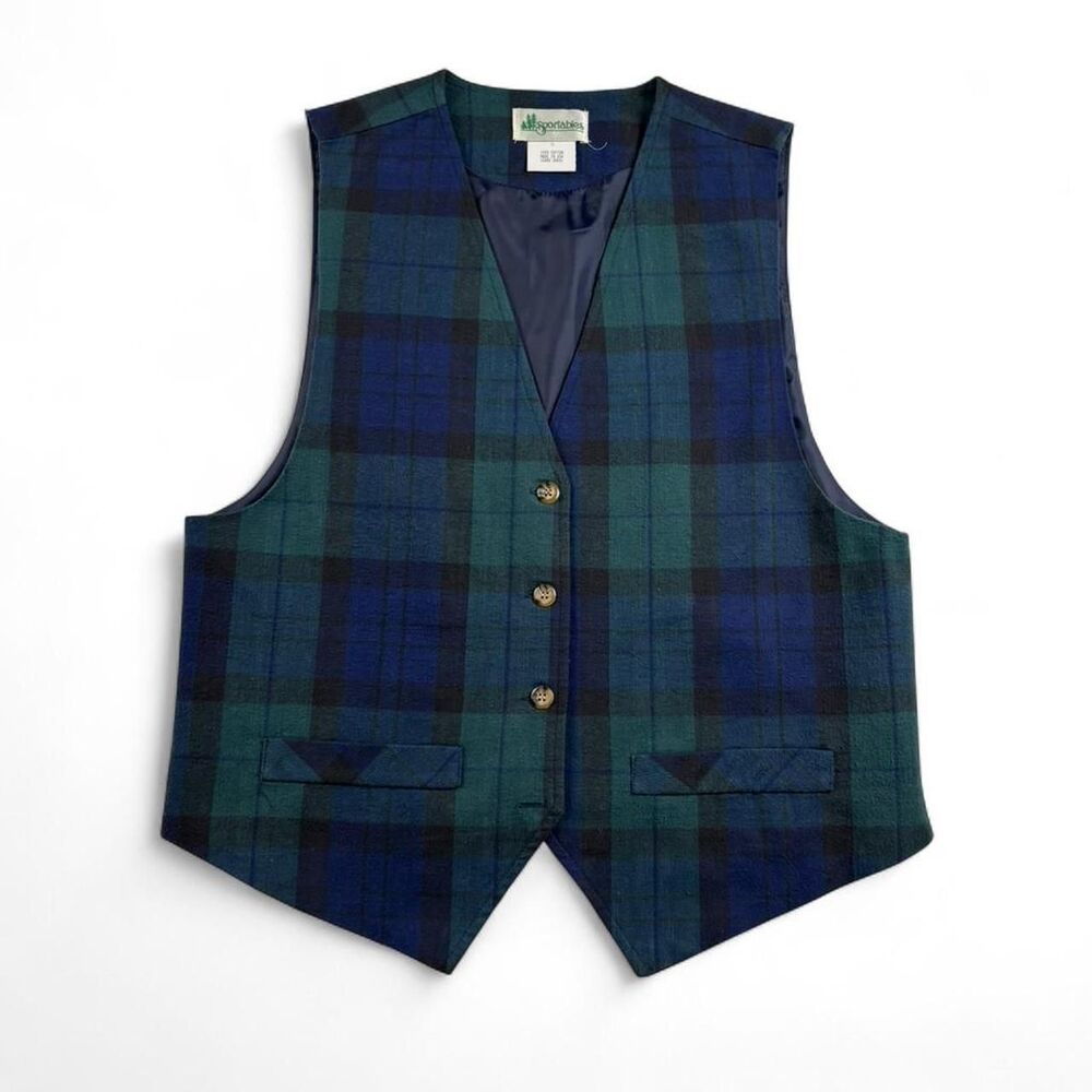 Vintage Green Blue Plaid Vest Women’s Small - 100% Cotton - Button Front Preppy